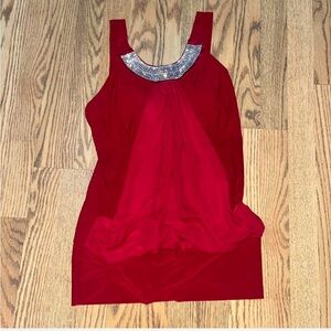Elegant Red Sleeveless Blouse with Embellished Neckline